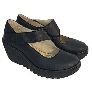 Fly London YASI682FLY Wedge Heel Mary Jane Women 39 Leather Black Mousse Shoes